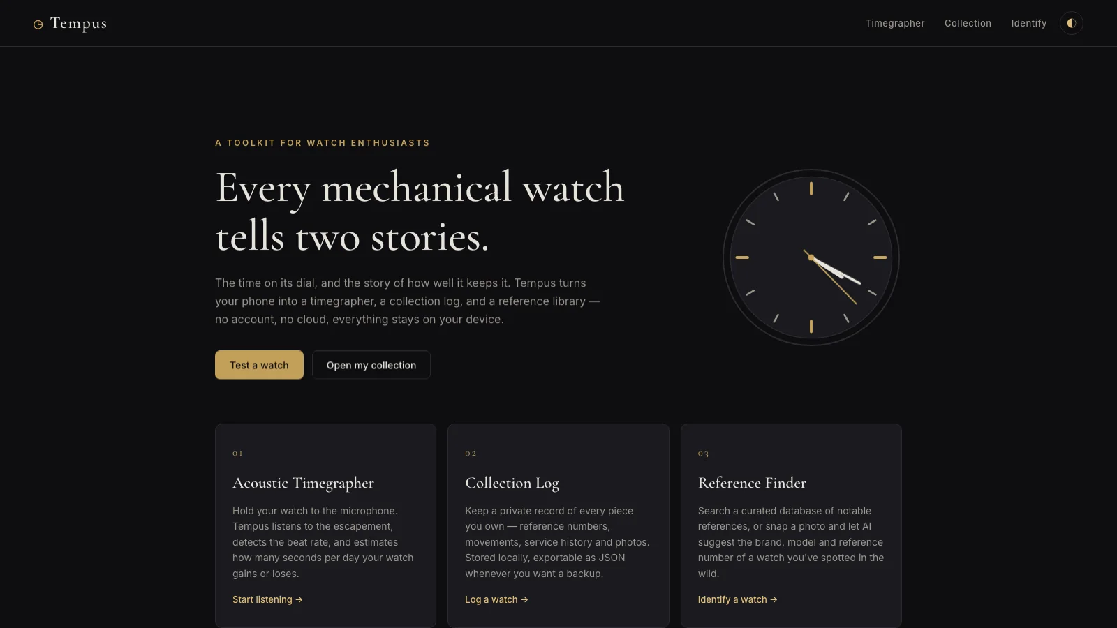 Tempus web app homepage — dark interface with a mechanical watch dial, headline reading 'Every mechanical watch tells two stories', and cards for Acoustic Timegrapher, Collection Log and Reference Finder